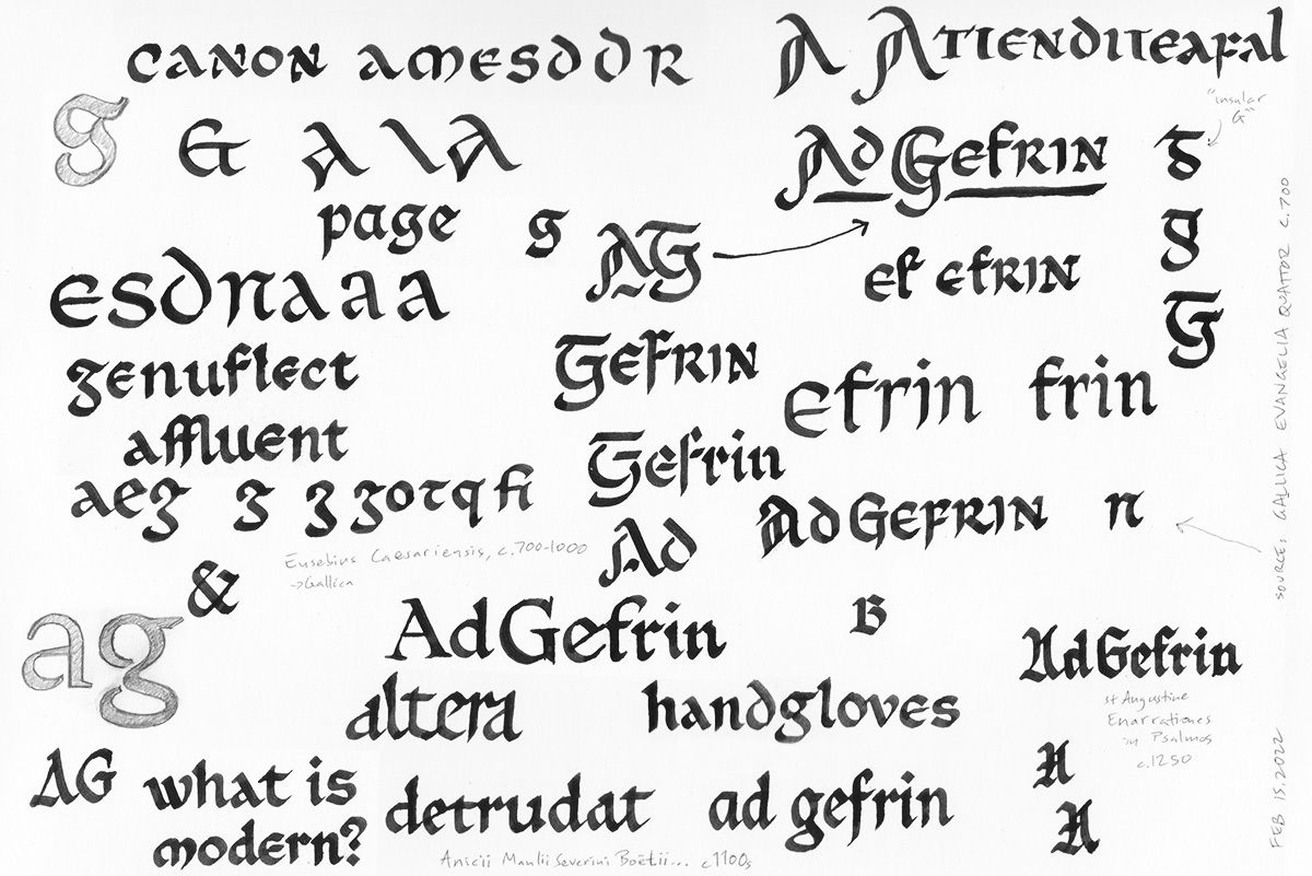 Rough sketches to explore visual ideas for Ad Gefrin’s custom font