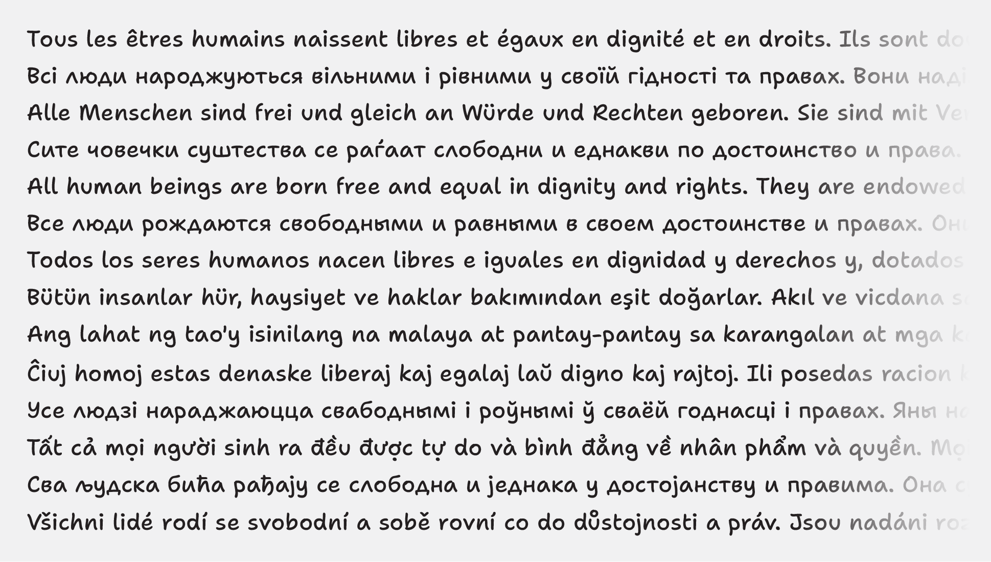 An opening clause from the International Declaration of Human Rights, in multiple languages.