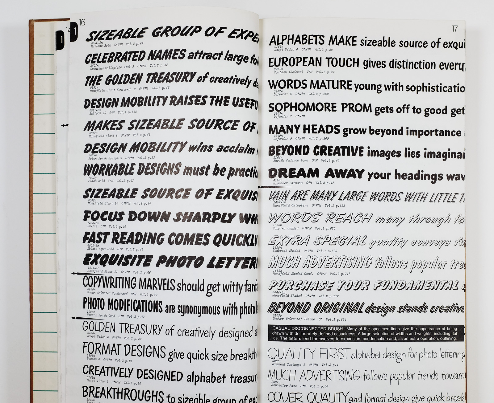 Examples of single-stroke casual fonts from the 1971 PhotoLettering One Line catalog