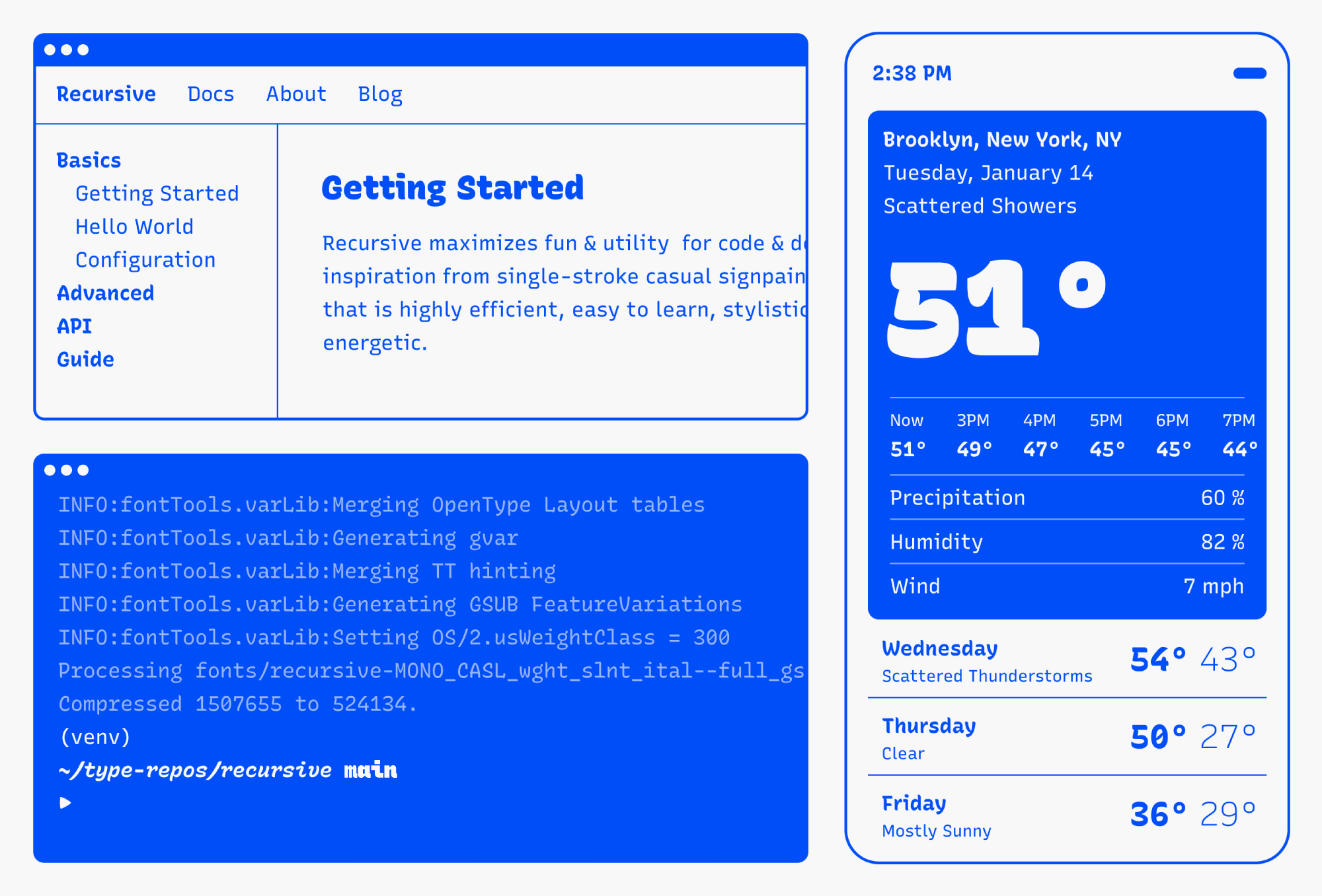 Recursive font specimen showing a weather app and a code terminal