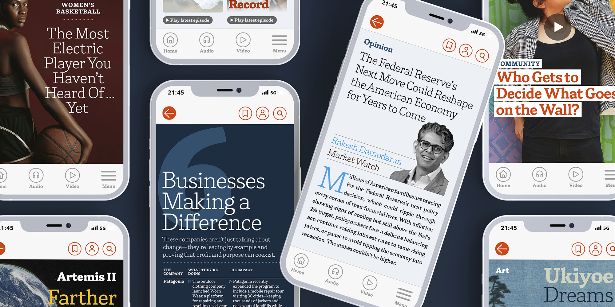 Herald News used in fictional digital app layouts on multiple smartphone screen, showing a variety of content from business to art to sports
