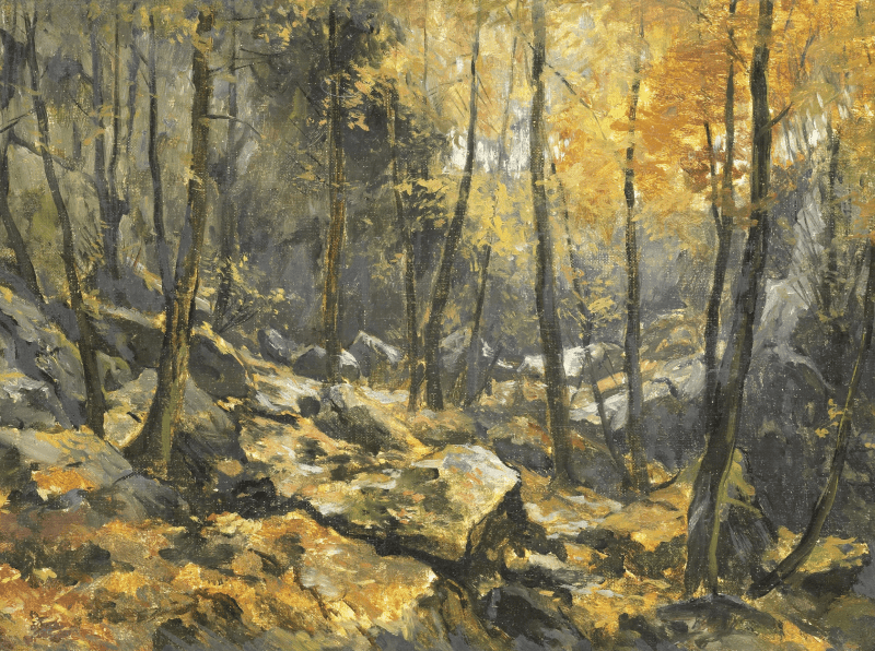 Painting of a forest scene in autumn