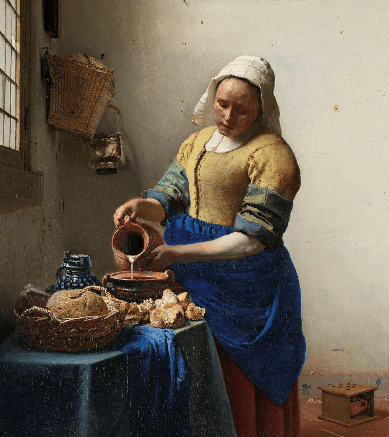 Painting of a 17th century woman pouring milk