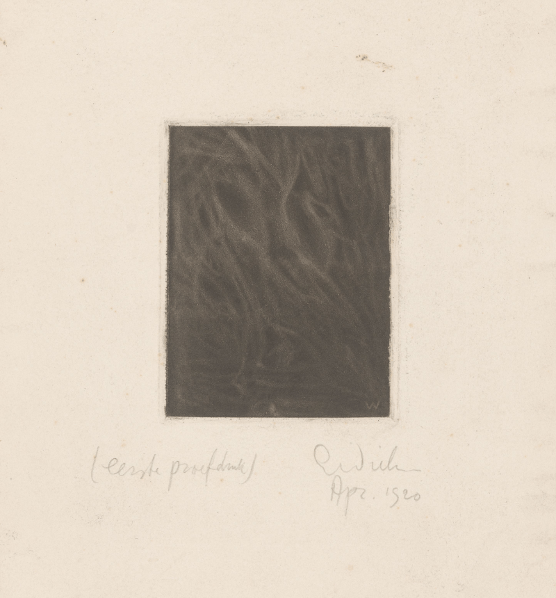 Painting of a textured black rectangle, with handwriting beneath