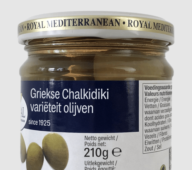 A jar of olives, the label text set in MD System