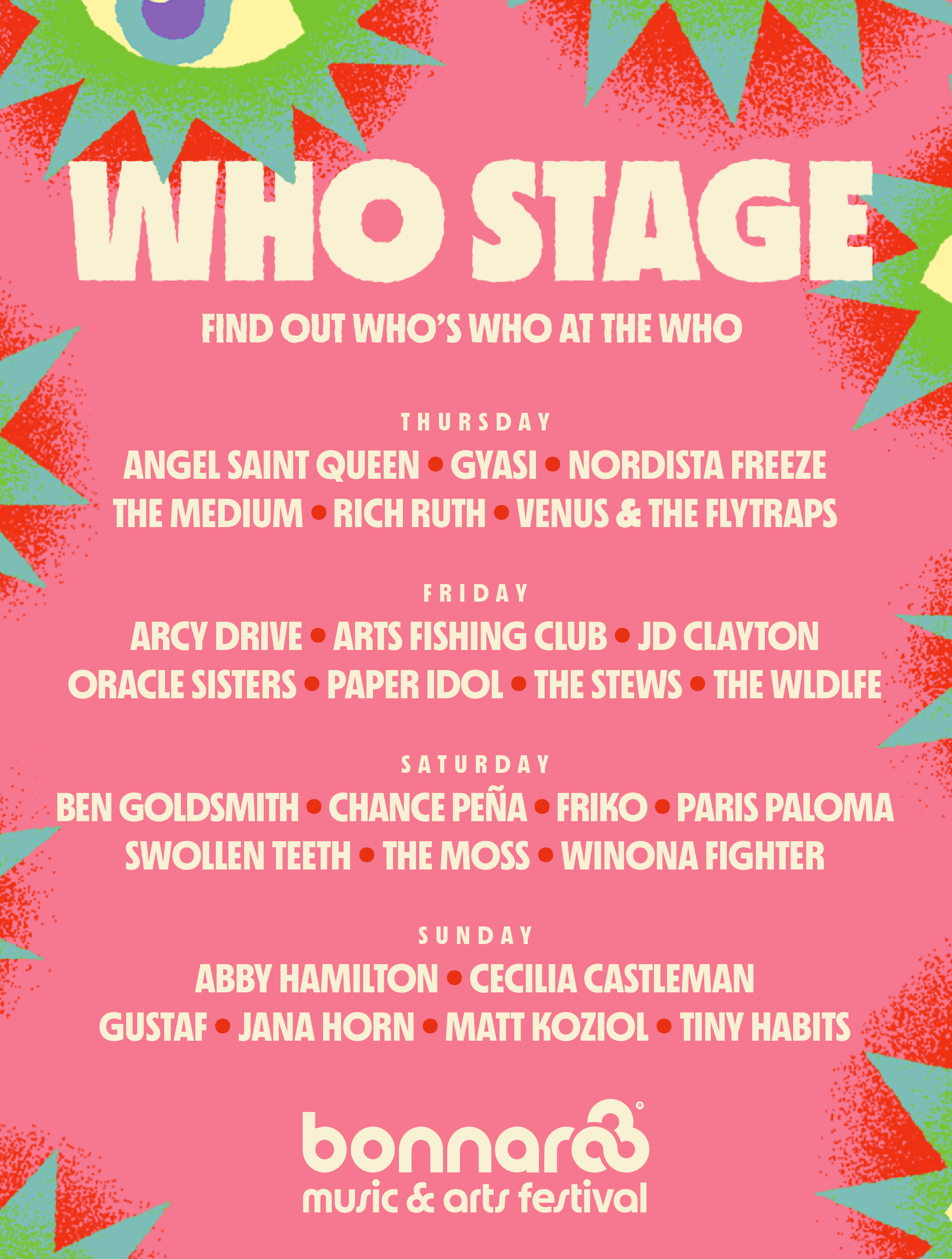 A lineup poster for the Bonnaroo ‘Who Stage’ set in MD Bonnachrome.