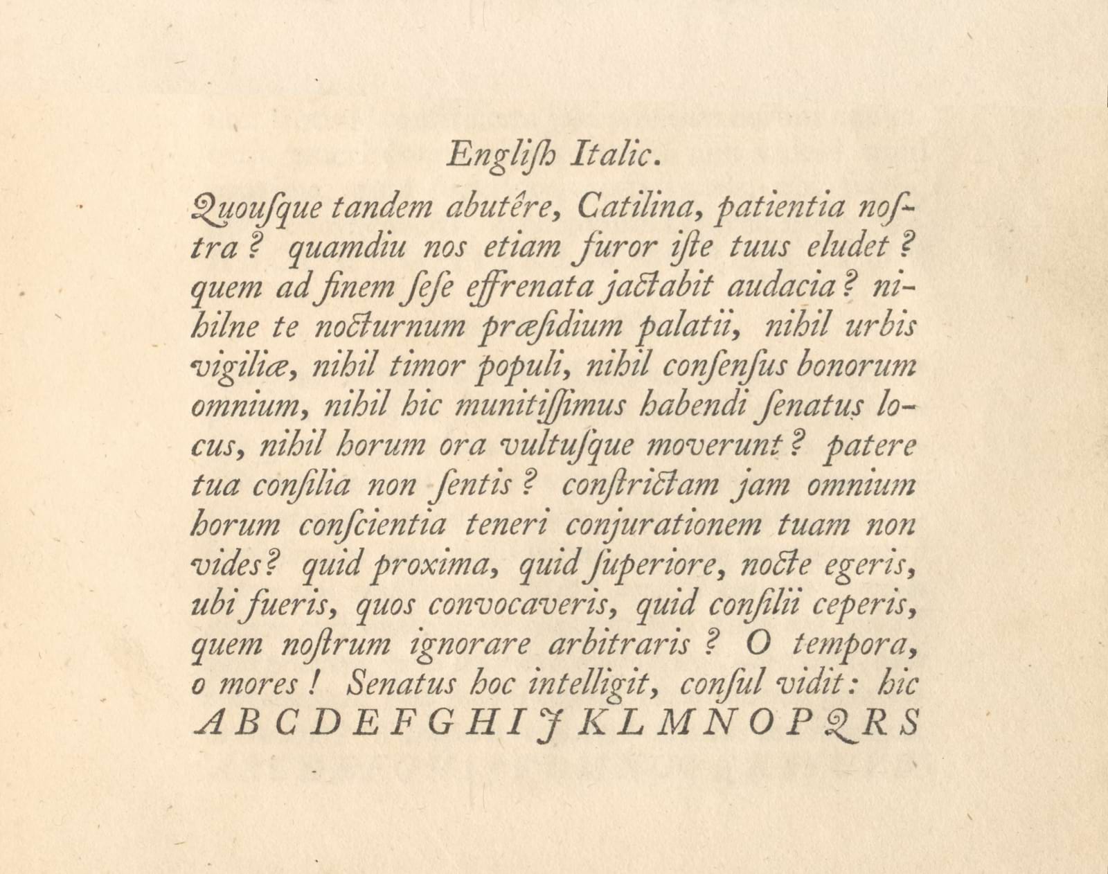 Italic type cut by Caslon at the same size. Compared with Van Dijck’s italics, this is a little wider and feels slower, with a more consistent slant angle.