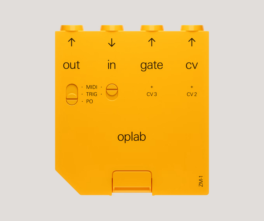 Teenage Engineering OP-Z oplab module. It’s a yellow plastic thing with labelled ‘out’, ‘in’, ‘gate’ and ‘cv’ connectors, plus some switches. I don’t know how it works. The type on it is set in Univers and it looks phenomenal.