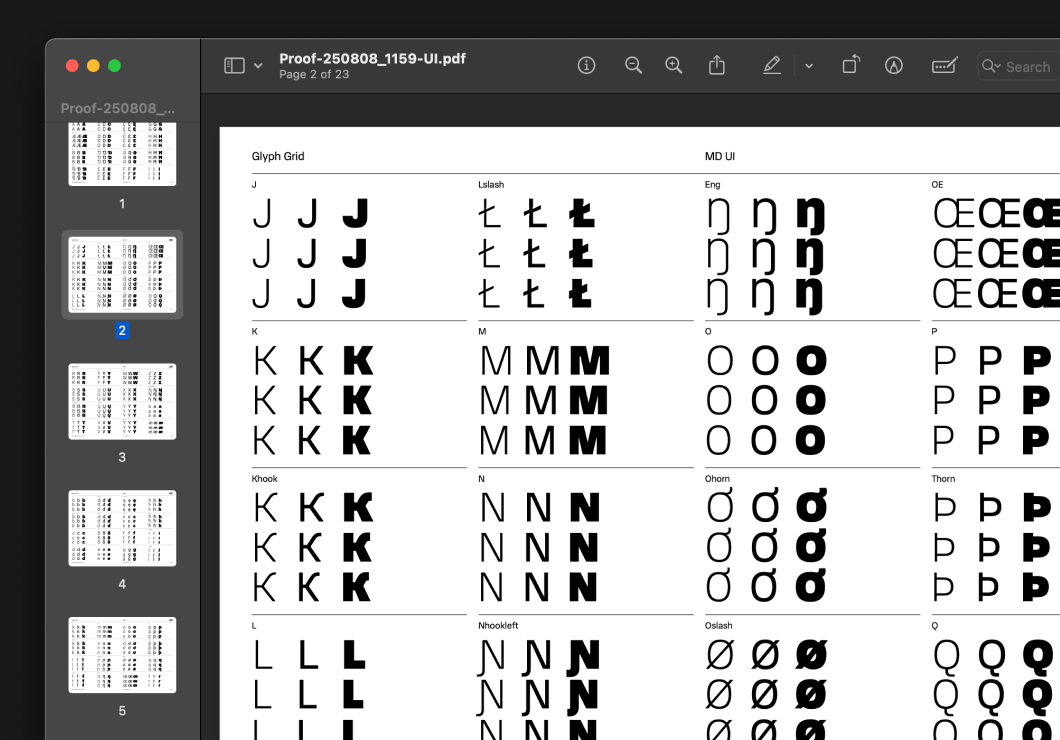 Screenshot from macOS Preview showing a PDF proof of MD UI. For each glyph, nine samples are shown, at various combinations of weight and optical size.