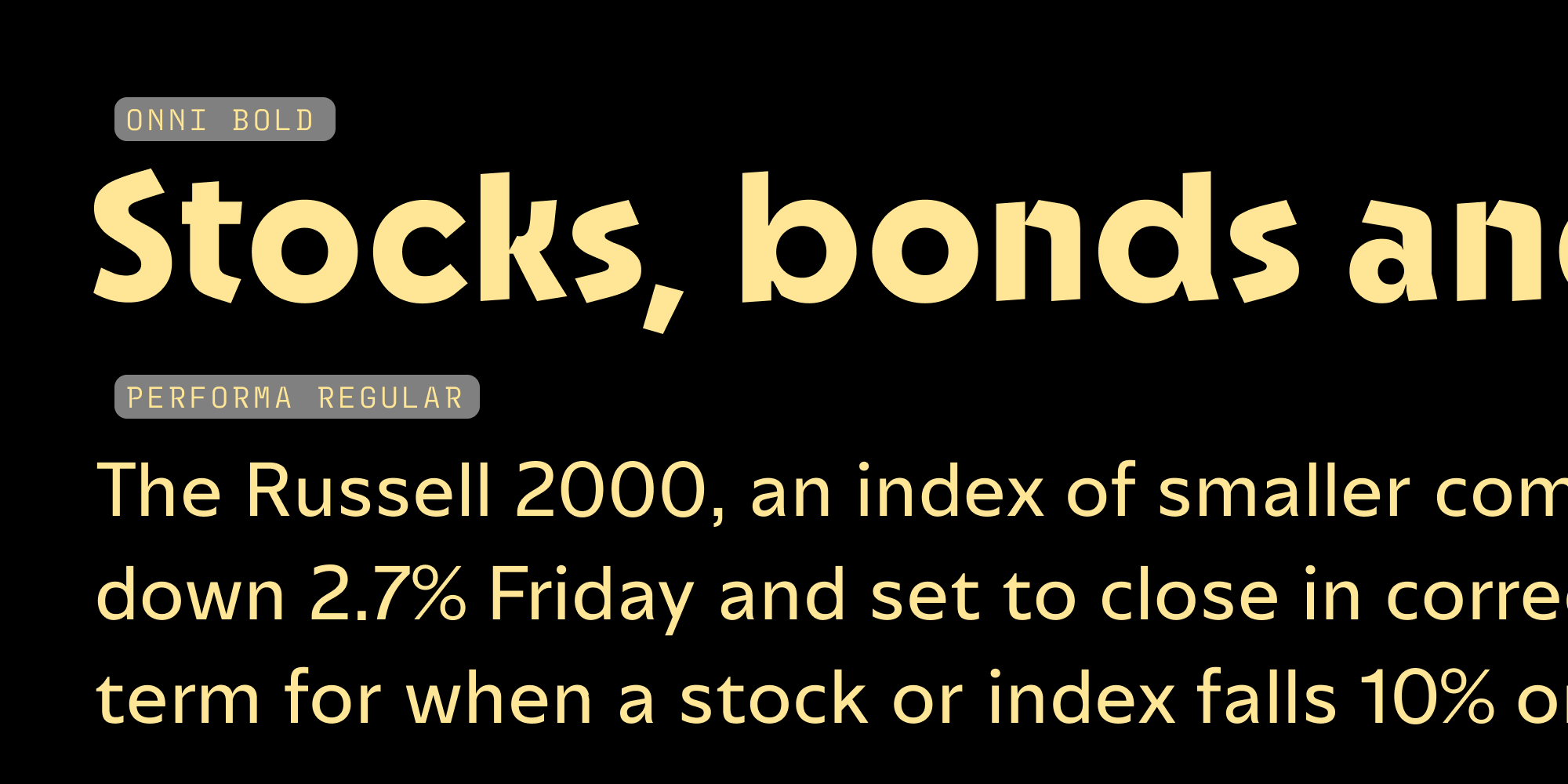 Font pairing specimen: Onni Bold and Performa Regular by Resistenza Type