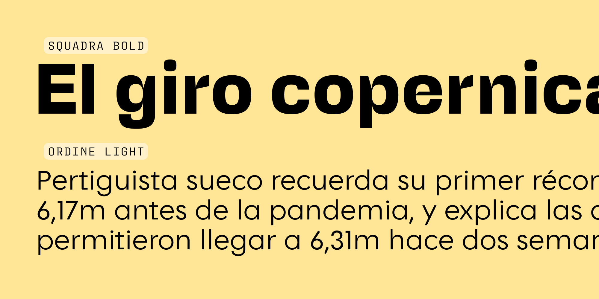 Font pairing specimen: Squadra Bold and Ordine Light by Resistenza Type