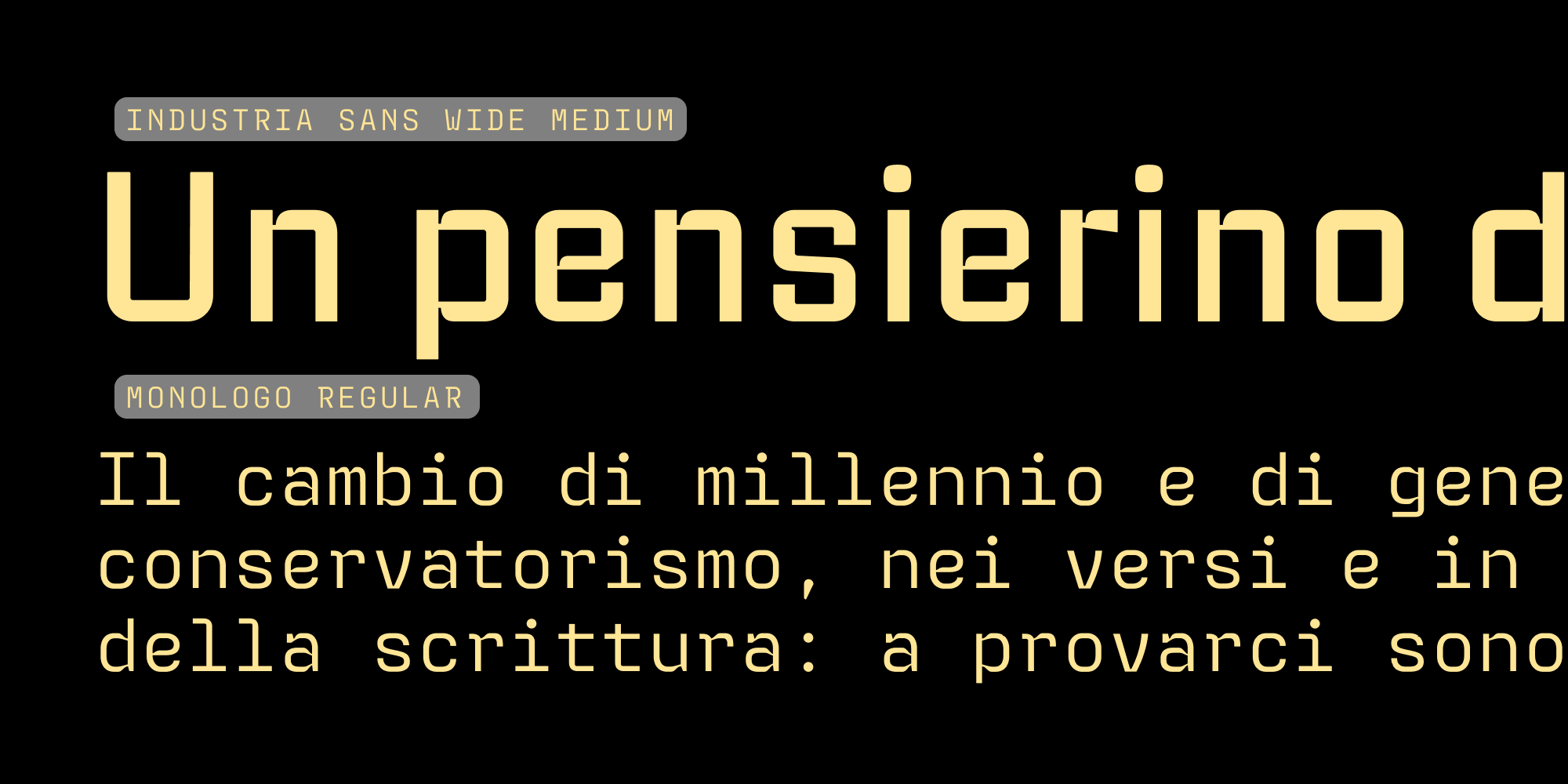 Font pairing specimen: Industria Sans Wide and Monologo Regular by Resistenza Type