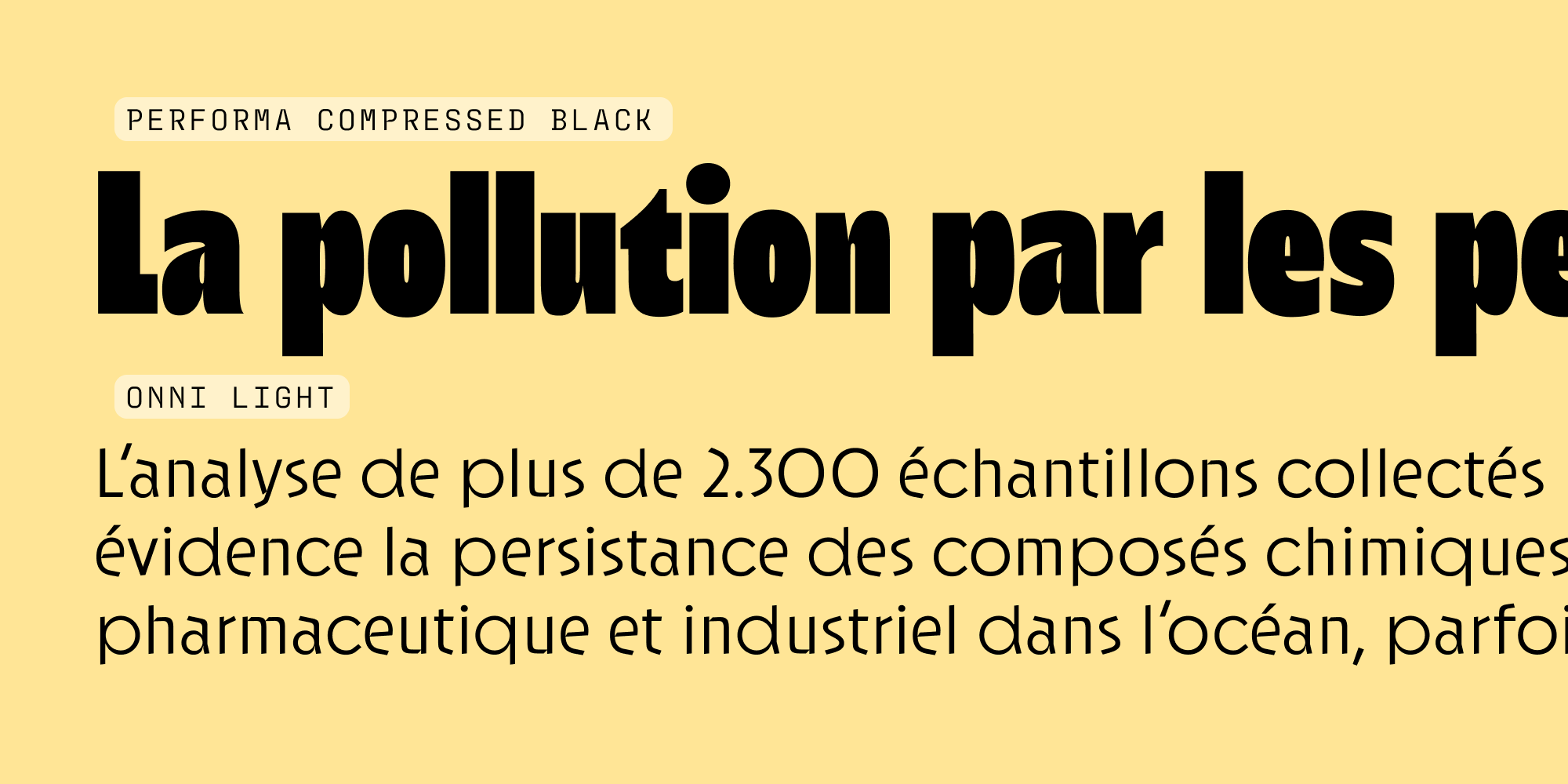 Font pairing specimen: Performa Compressed Black and Onni Thin by Resistenza Type