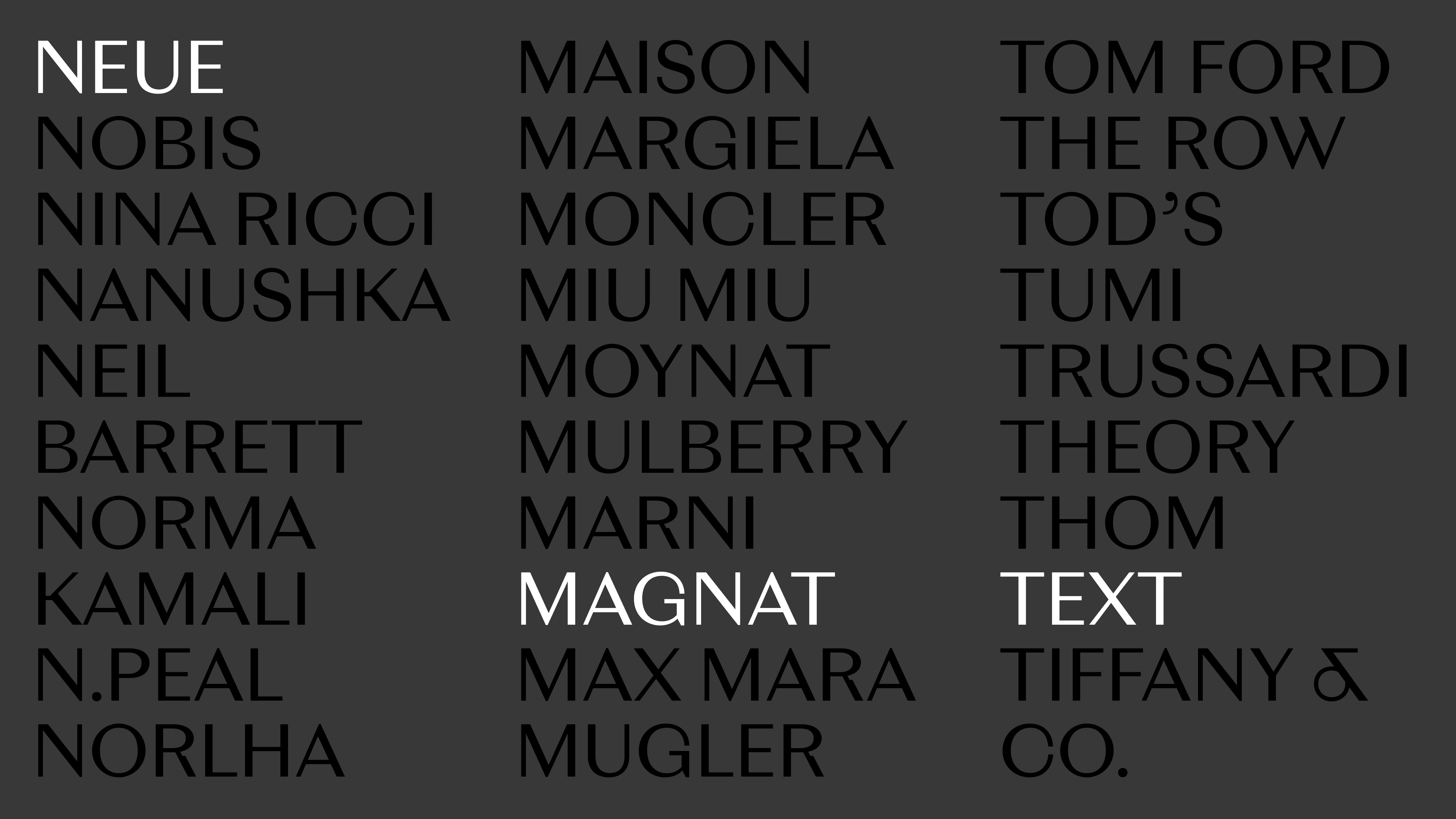 Neue Magnat Text list of styles
