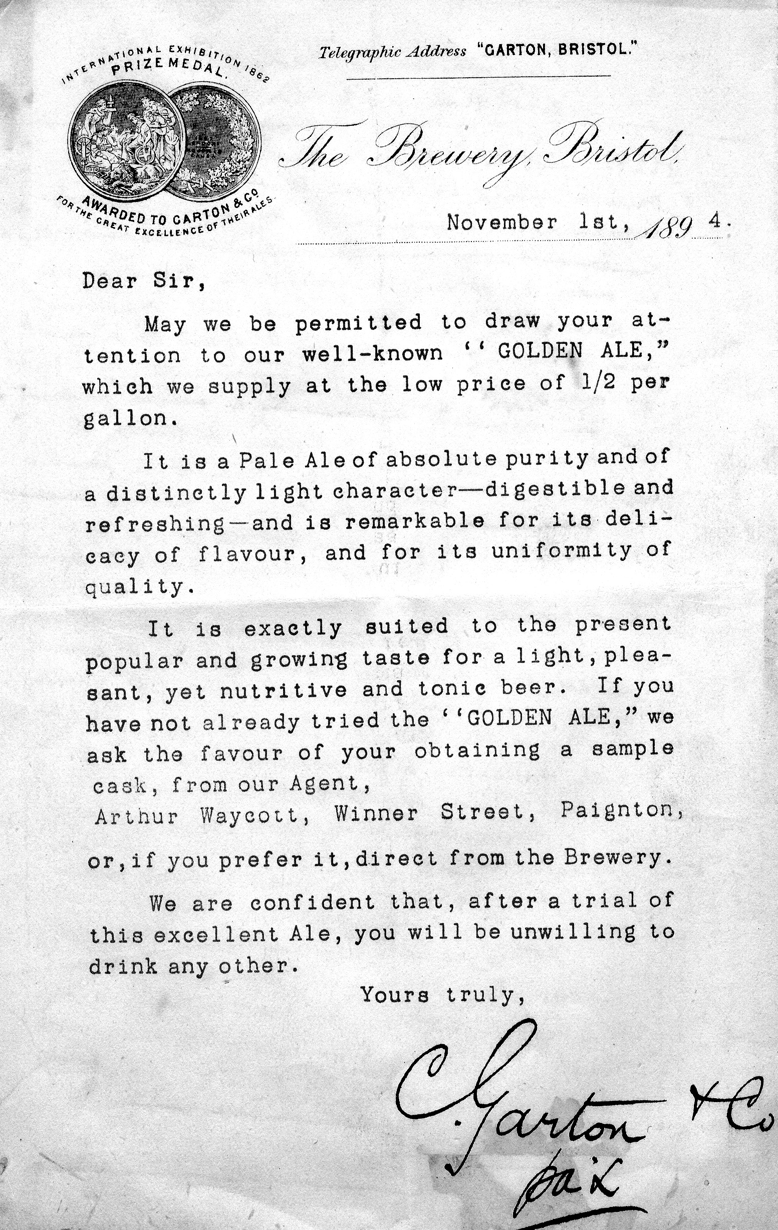 Letter from the Garton Brewery, Bristol