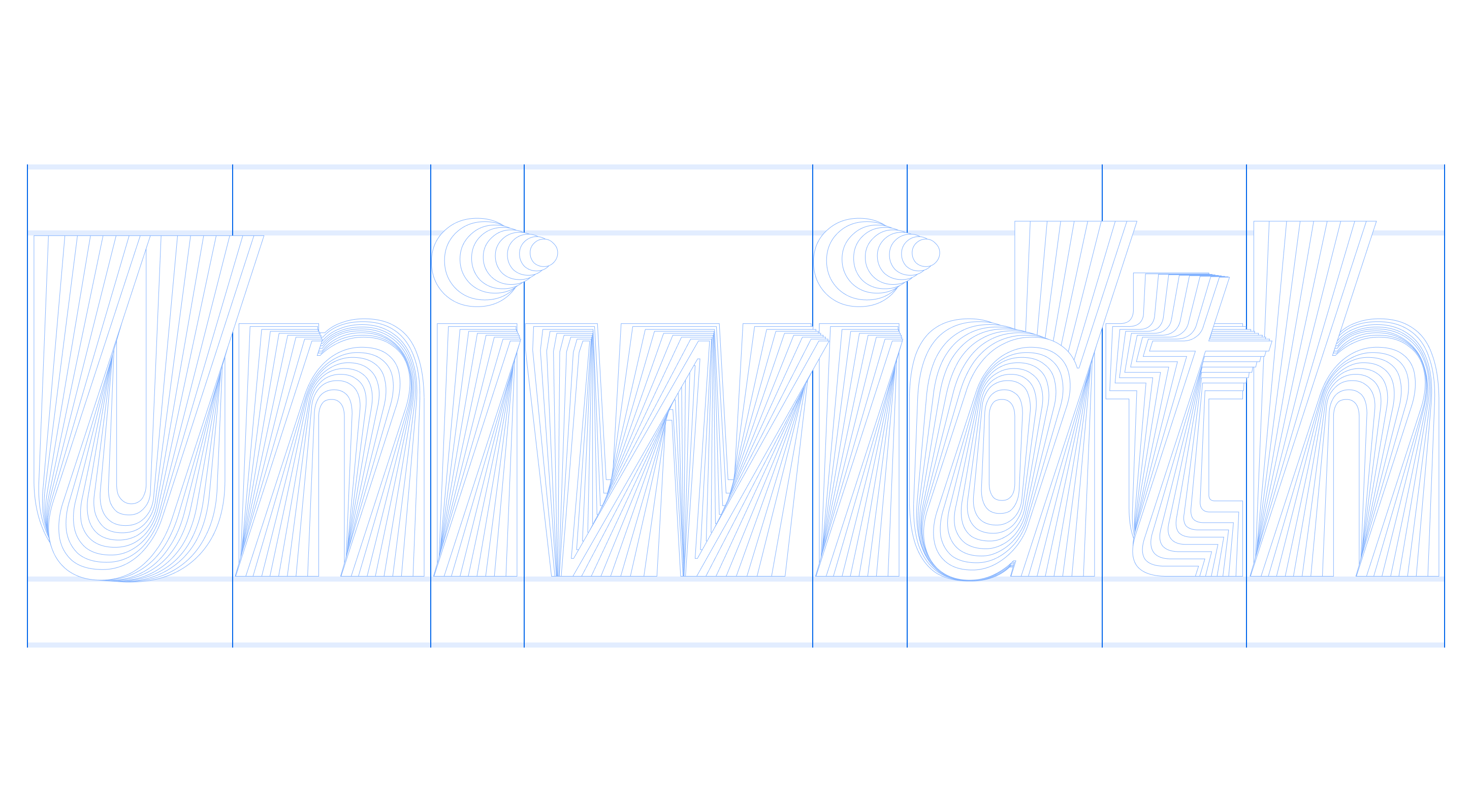 Wireframe view of the word "Uniwidth" in Unifora Condensed across all weights, showing identical character widths from Thin to Black