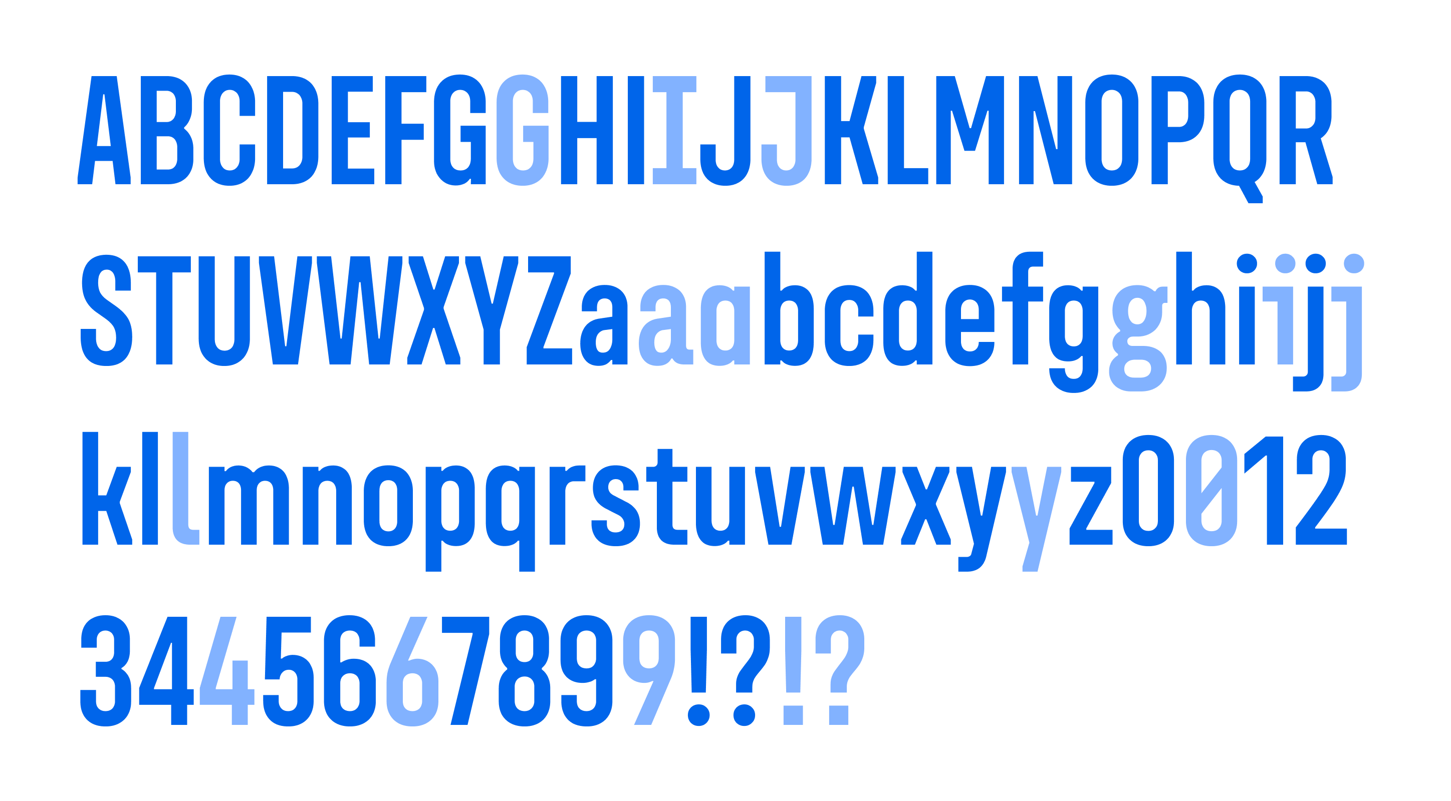 Full character set of Unifora Condensed showing uppercase, lowercase, figures, and punctuation at the narrowest width. All 11 character alternates — including single-storey a, double-storey g, G without spur — are displayed alongside the defaults