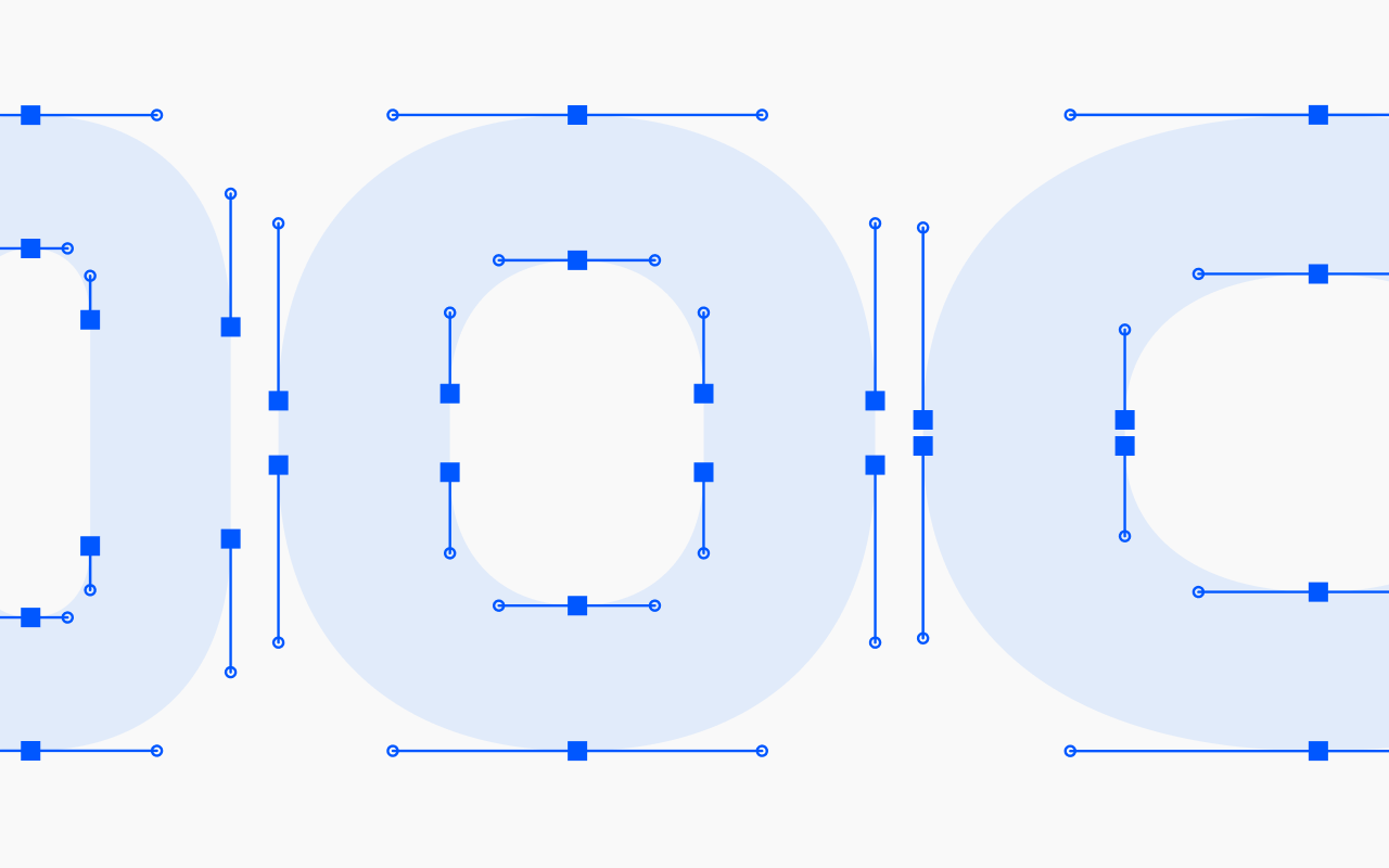 Unifora letterform construction — outline bezier nodes shown on three characters at large scale, illustrating the geometric precision and corner cuts in the typeface's design.