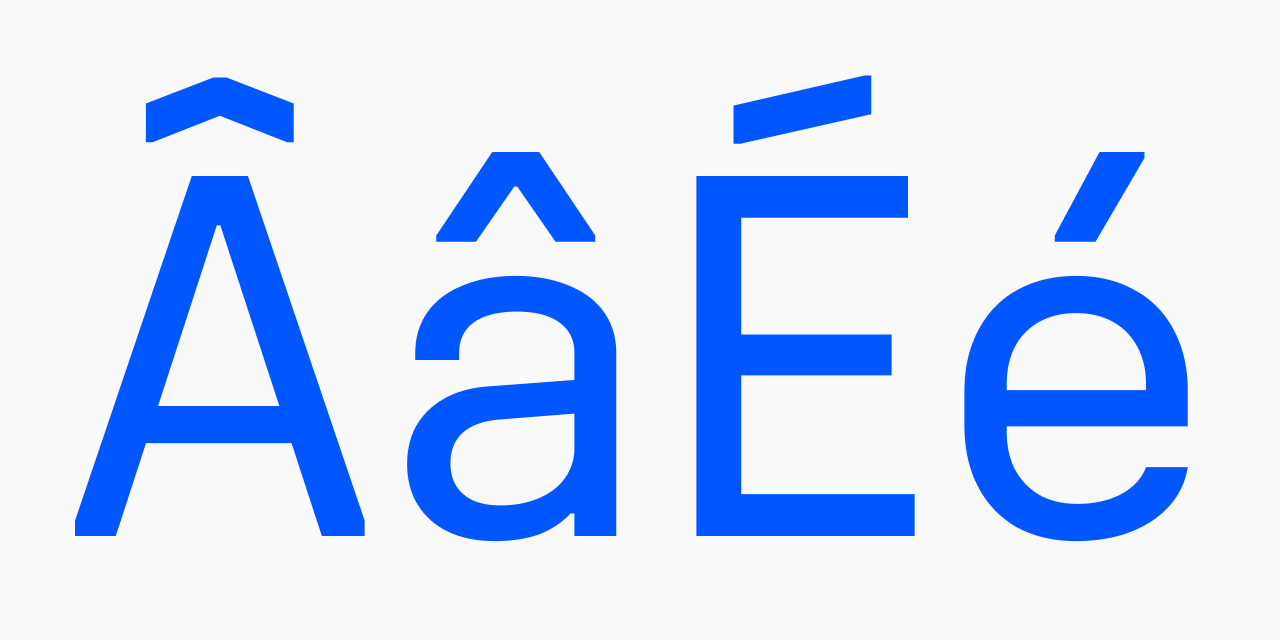 Unifora reduced capital diacritics — Â, â, É, and é shown at large scale, with marks above uppercase letters drawn at reduced height to preserve line spacing in all-caps text.