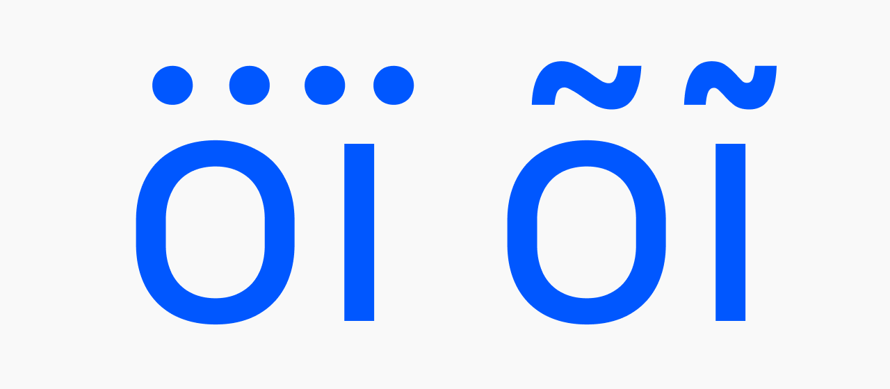 Unifora narrow diacritics — ö and õ beside ï and ĩ, showing condensed diacritic forms fitted above the dotless i without crowding neighboring characters.