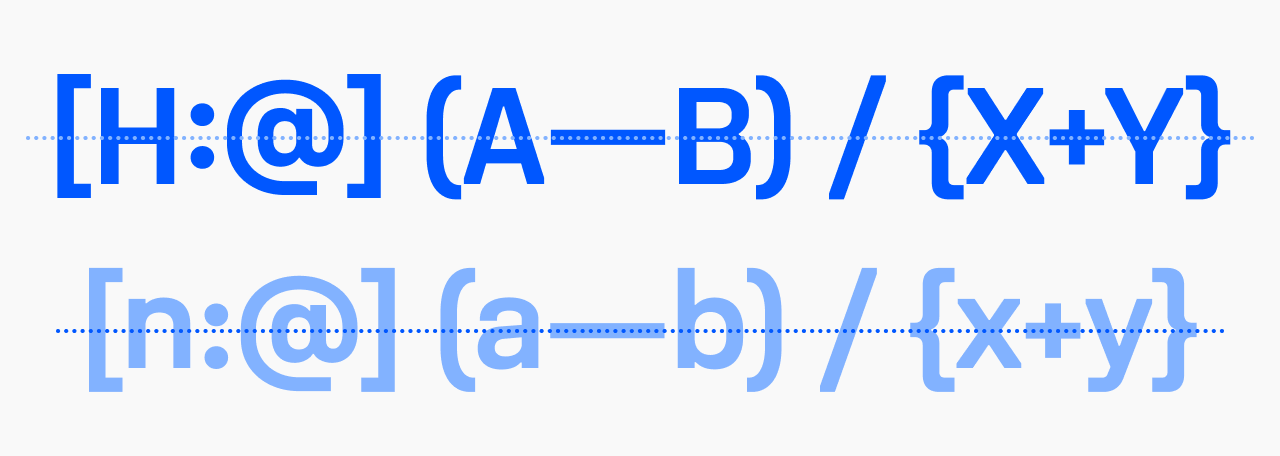 Unifora case-sensitive forms (case) — punctuation and operators shown at default mixed-case position (faded) versus raised all-caps position (solid), including brackets, colon, em dash, slash, and braces.
