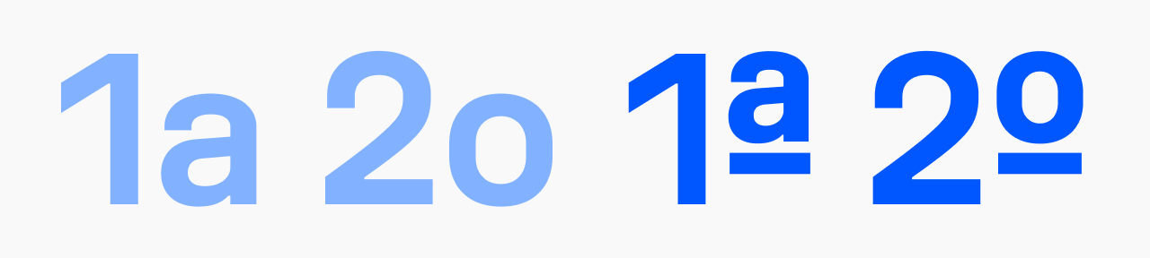 Unifora ordinals (ordn) — 1a and 2o shown without the feature (faded), then as 1ª and 2º with superscript ordinal suffixes active (solid).