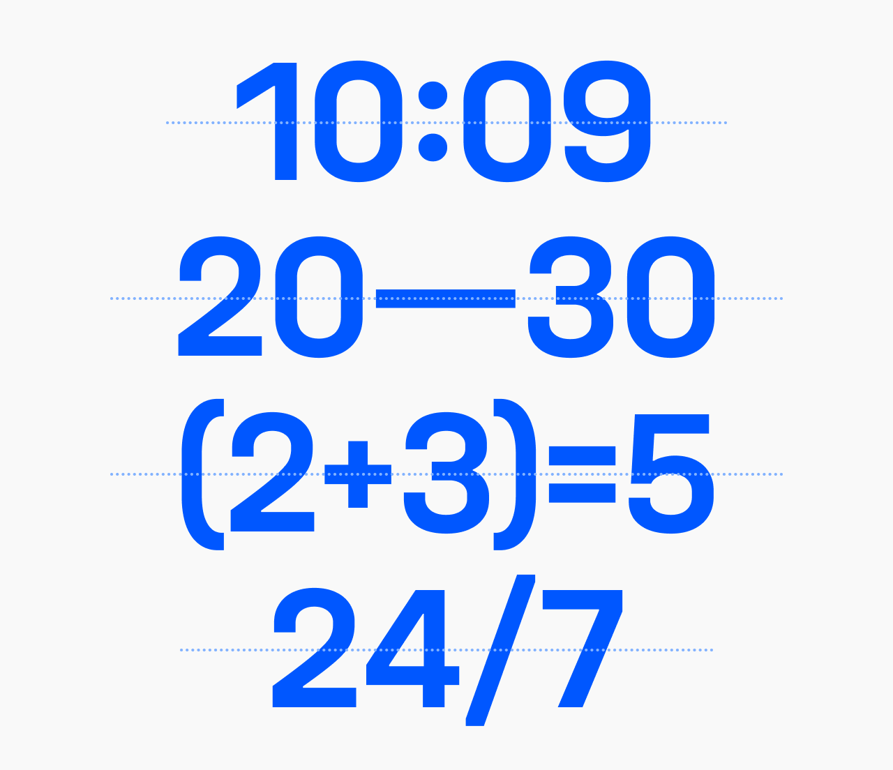 Unifora smart punctuation — four expressions with dotted optical centerlines: 10:09 with centered colon, 20–30 with centered en dash, (2+3)=5 with aligned operators, and 24/7 with optically spaced slash.