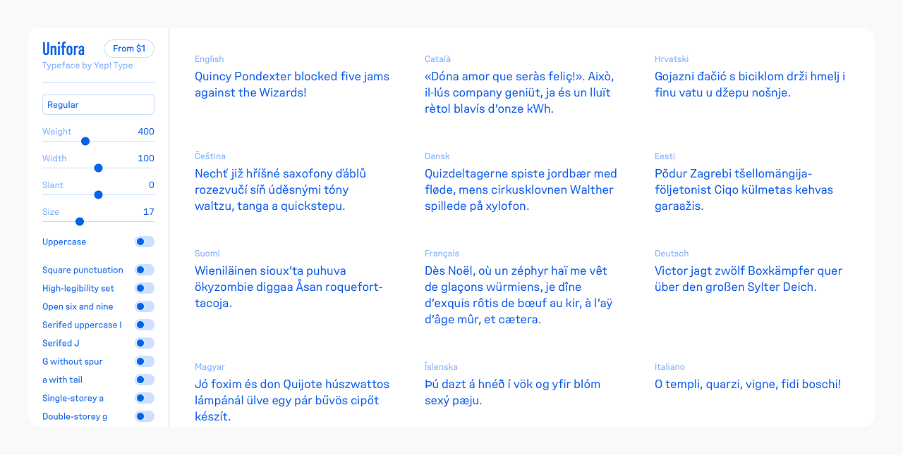 Unifora interactive type specimen — the Yep! Type variable font tester showing weight, width, and slant sliders alongside pangram text set in multiple languages including English, Catalan, Croatian, Czech, Danish, Estonian, Finnish, French, German, Hungarian, Icelandic, and Italian.