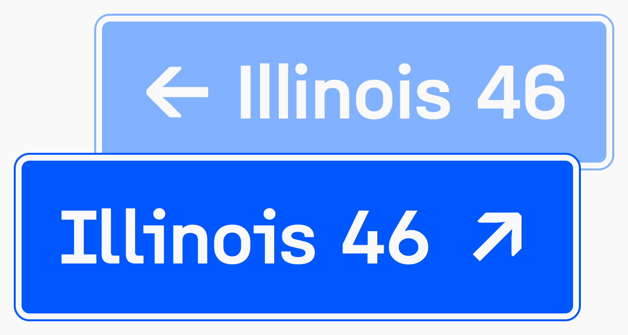Unifora ss02 high-legibility set — a road sign mockup showing 'Illinois 46' set twice: default forms above, high-legibility alternates below with serifed I, serifed l, and disambiguated numerals.