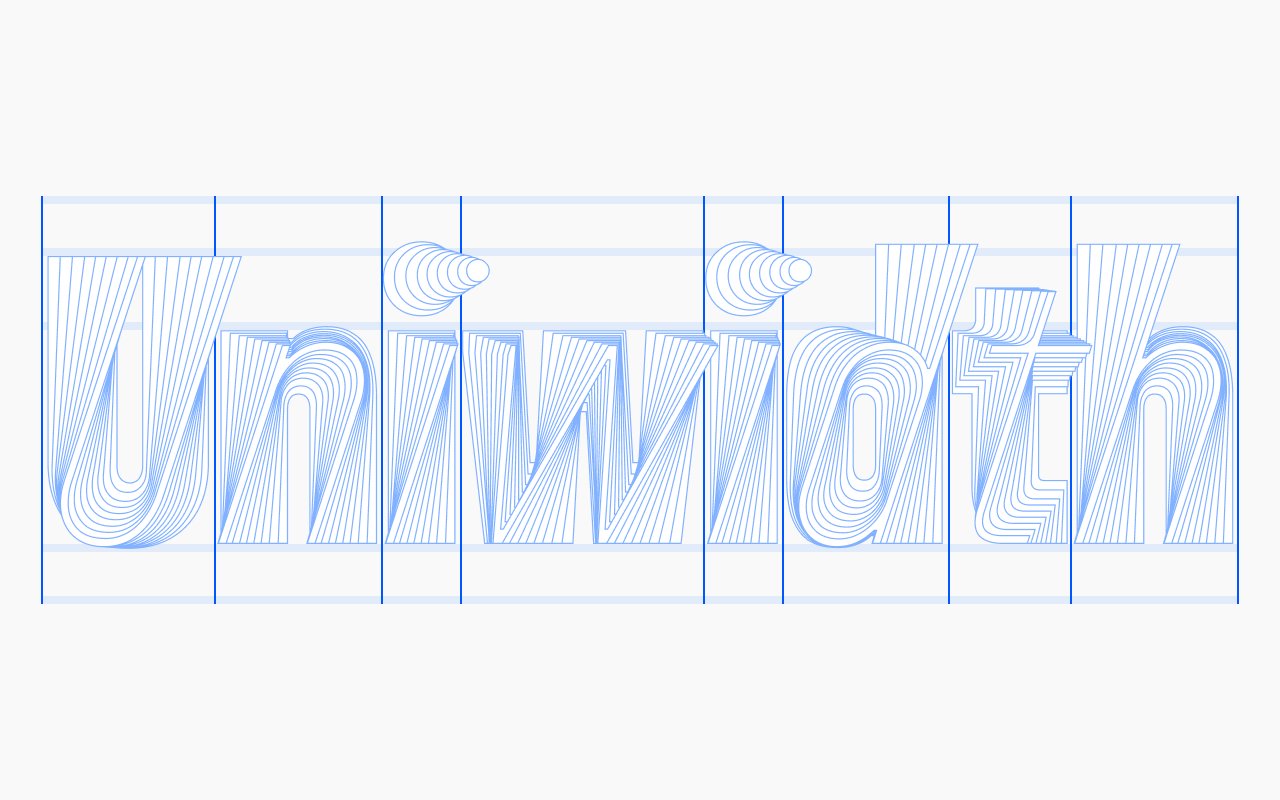 The word “Uniwidth” in italic Unifora with every weight overlaid between vertical guides, showing each letter holding the same width from Thin to Black.