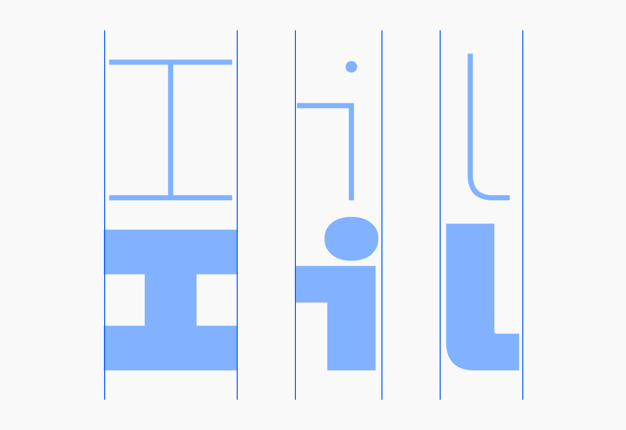 An alternative uniwidth solution used by some foundries, shown in Thin and Black: capital I with four serifs, lowercase i with a single top serif, and lowercase l with a tail.