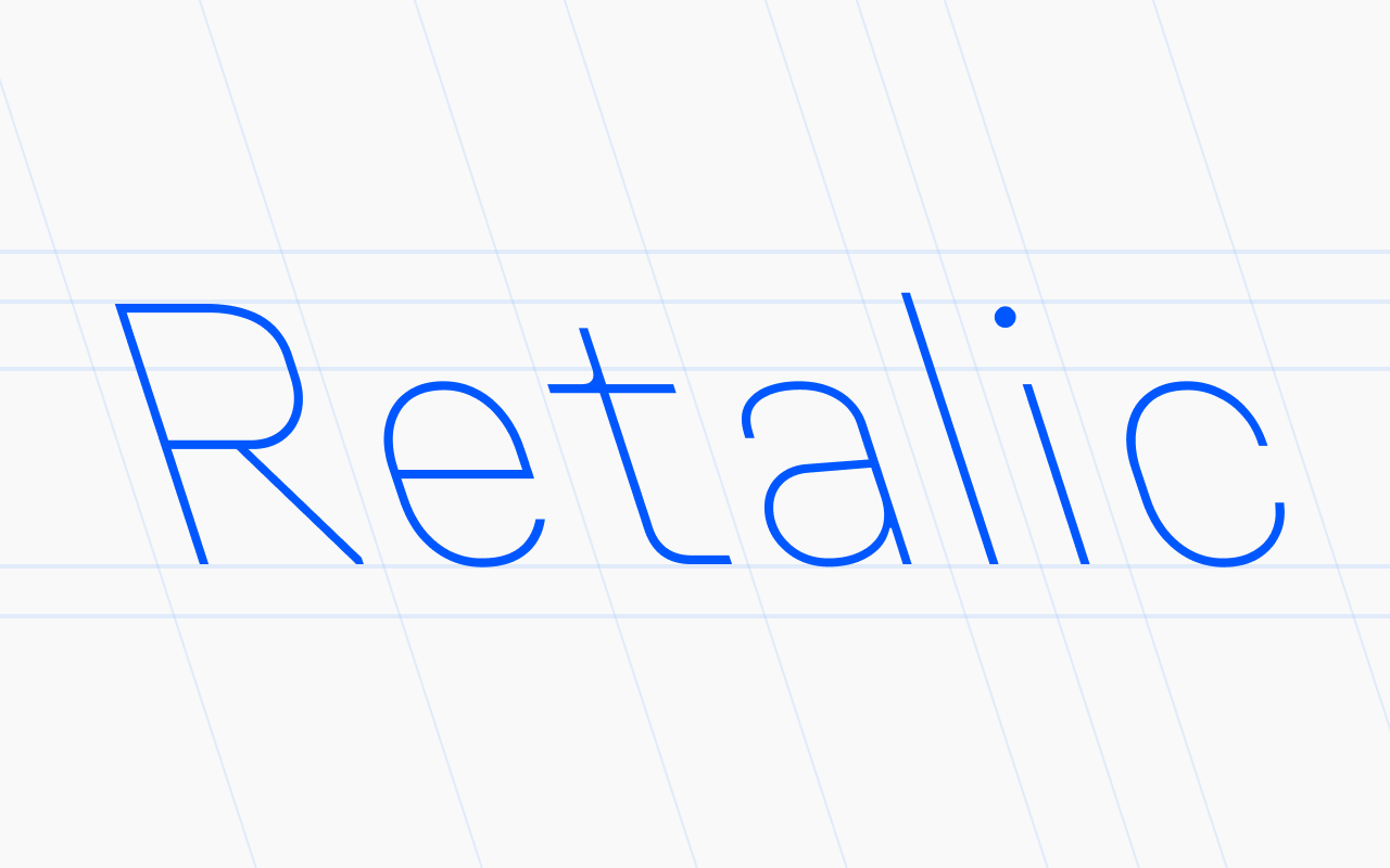 The word 'Retalic' set in Unifora Thin Retalic, a backslanted reversed-italic type style leaning left instead of right