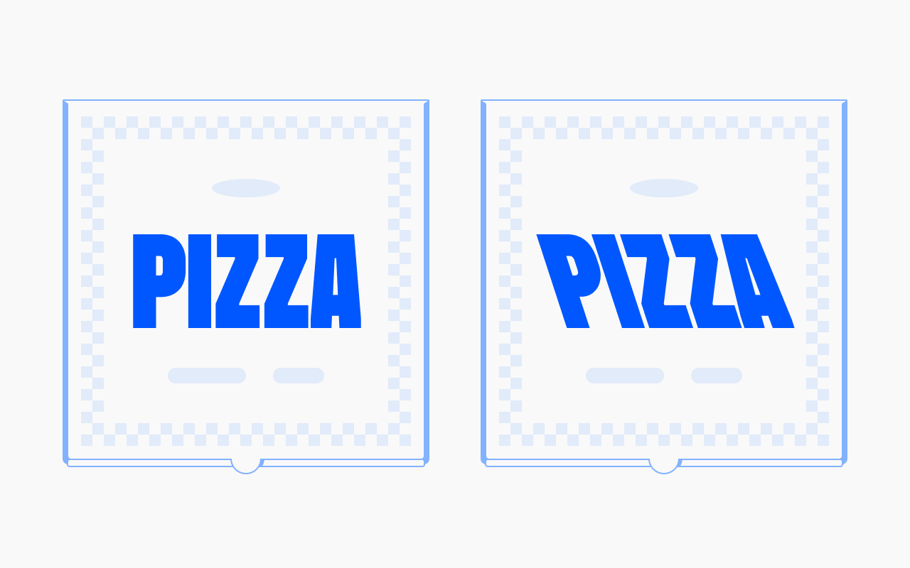 Two pizza box mockups comparing logotypes: 'PIZZA' set upright on the left box and in backslanted retalic on the right box
