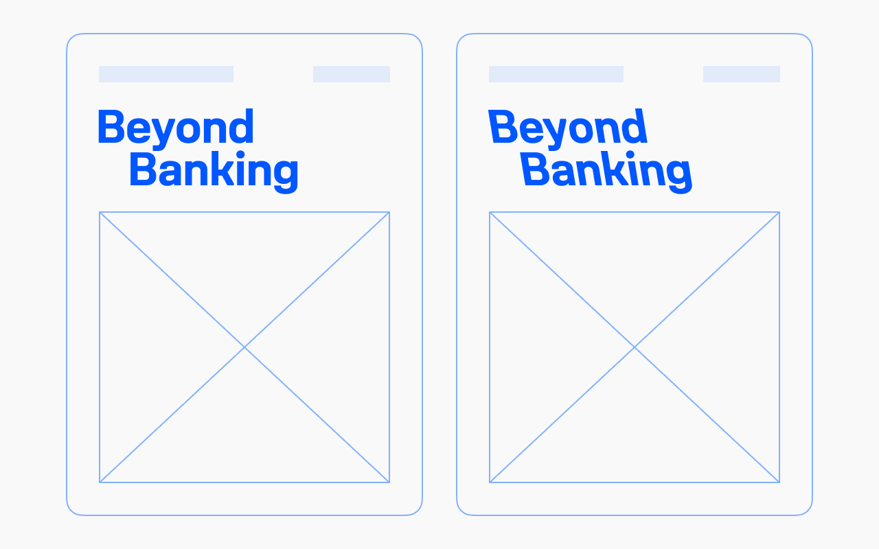 Two bank ad mockups reading 'Beyond Banking', comparing an upright headline on the left with a retalic headline on the right