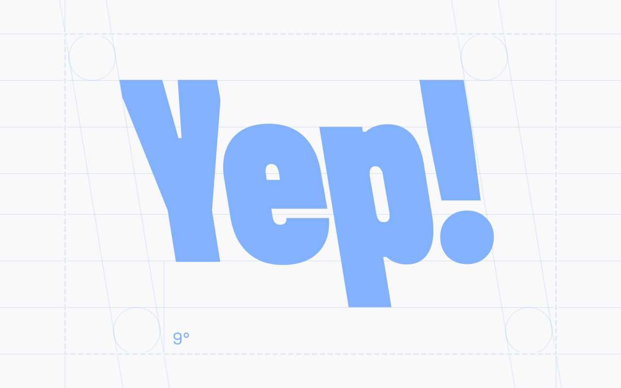 The Yep! Type Foundry logo, a 'Yep!' wordmark set in backslanted retalic type at a 9-degree angle