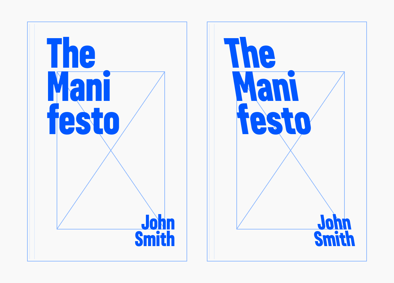 Two book cover mockups for 'The Manifesto' by John Smith, comparing upright title type on the left cover with retalic type on the right