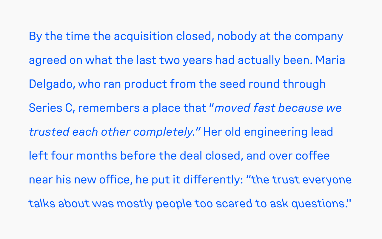Magazine profile paragraph with two contradicting on-record quotes: one source's quote set in italic, the other's opposing quote set in retalic