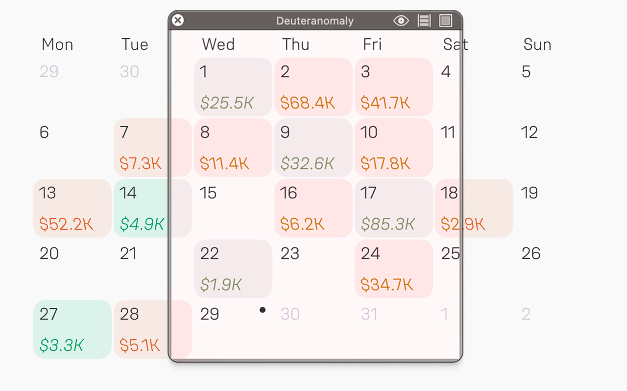 Trading calendar app called 'Deuteranomaly' showing daily gains and losses in italic and retalic type for colorblind-friendly accessibility
