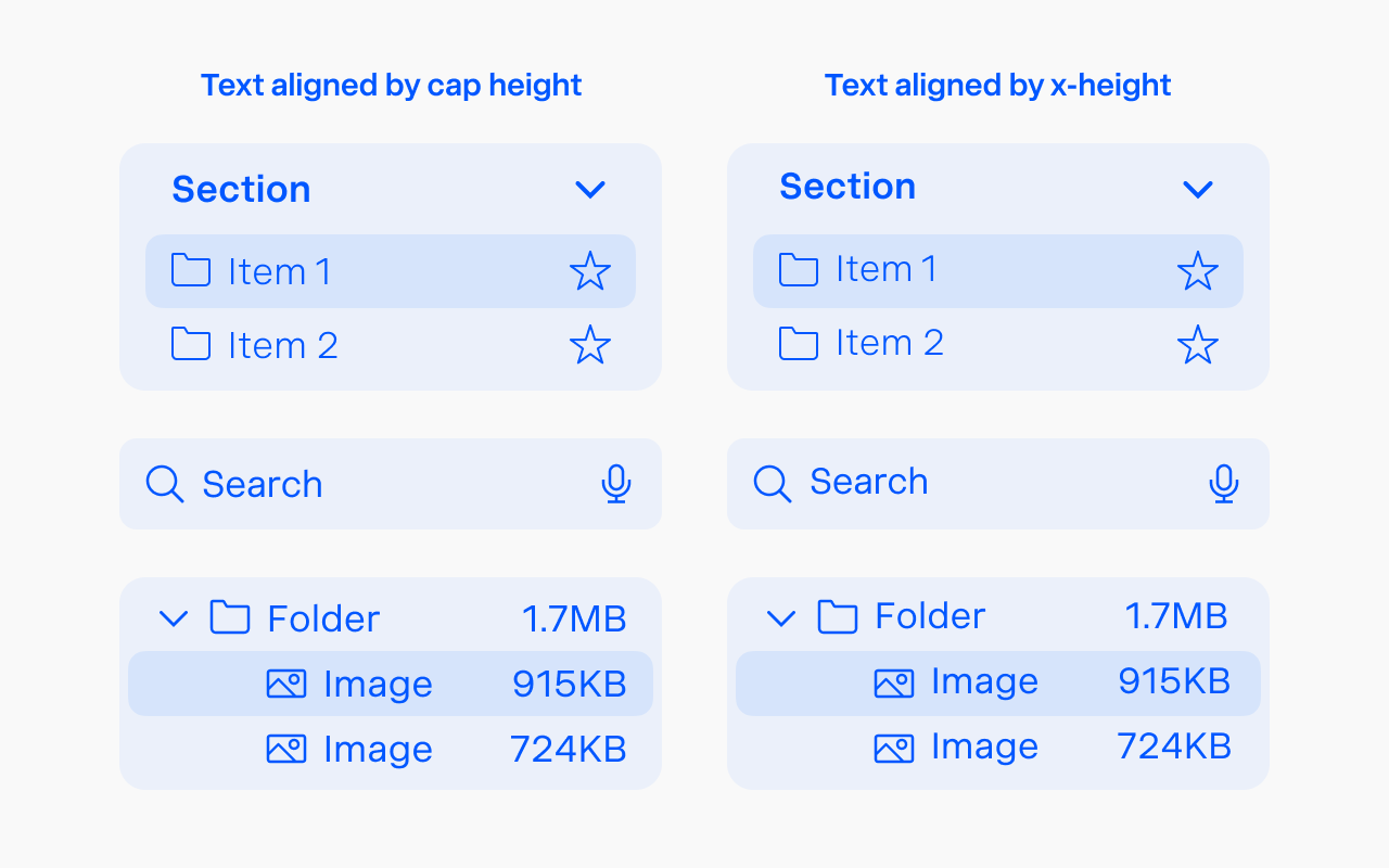 Side-by-side interface examples—a section header with list items, a search field, and a file list with sizes—with the text aligned by cap height on the left and by x-height on the right, where labels sit low next to their icons.